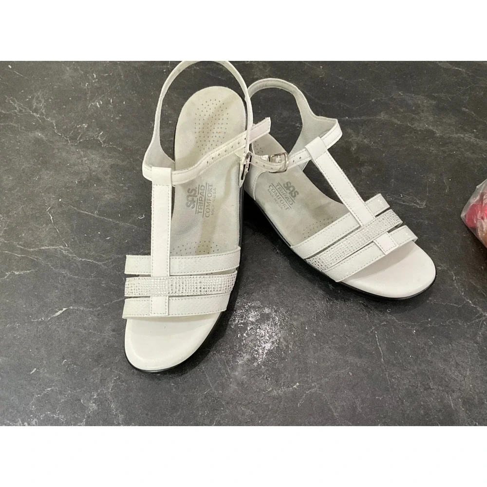 SAS Tripad Comfort Womens White Leather T-Strap Wedge Sandals Made in USA 8.5M